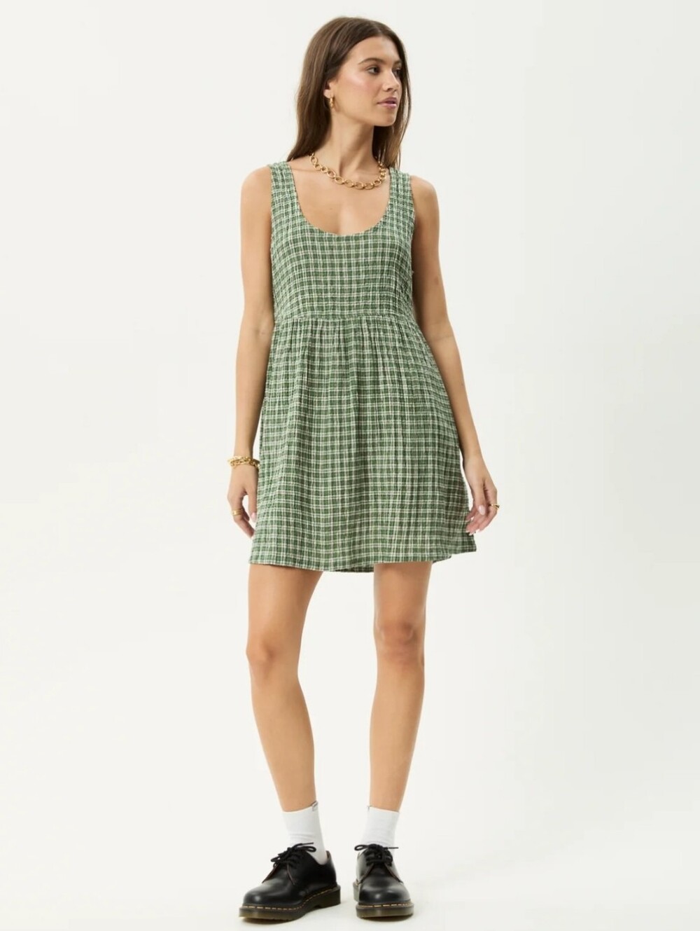 AFENDS Base Jesse Seersucker Mini Dress in Deep Green Check XS